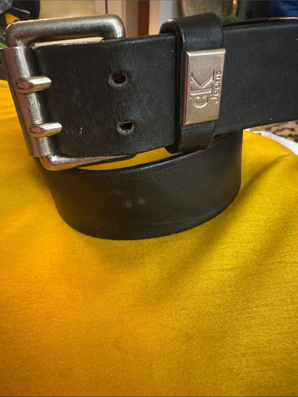 Calvin Klein Black Leather Belt with Brushed Silver Buckle Y2K Vintage